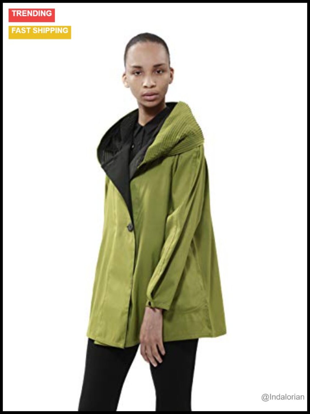 Lightweight Packable Trench Raincoat with Pleated Hood, Water Repellent